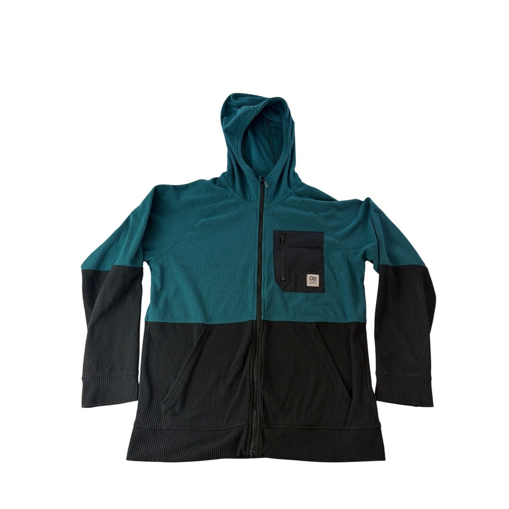 Outdoor Research Full Zip Hoodie Mens M Trail Mix Jacket Grid Fleece Teal Blue